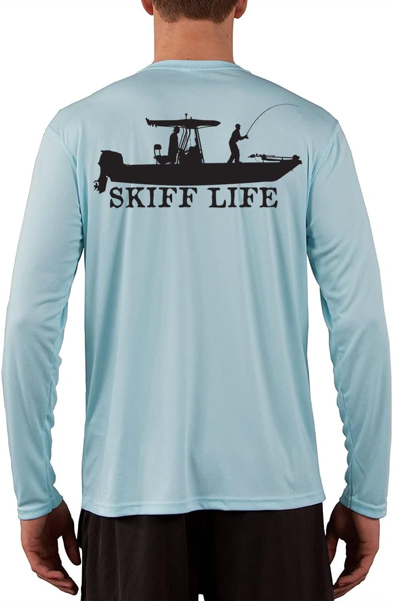 Skiff Life T-Top Boat Fishing Shirt - Center Console Design Long Sleeve Fishing Shirts for Men - Ice Blue