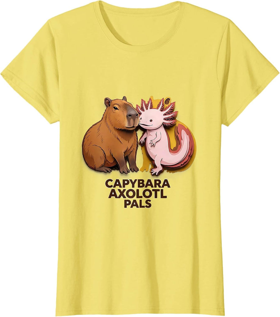 Women's Capybara Axolotl Pals Cute Kawaii Animal Lover Kids Gift T-Shirt - Lemon Yellow