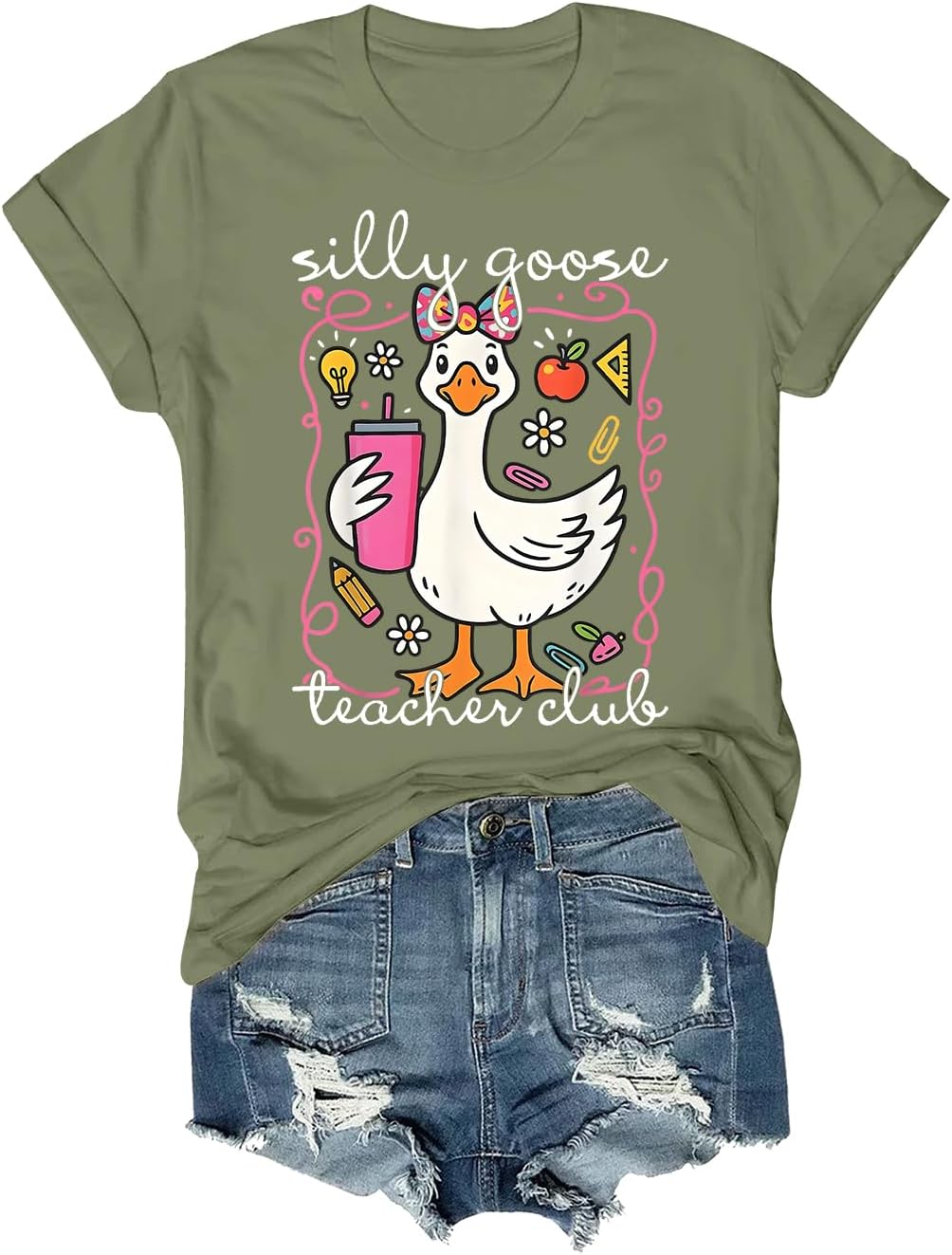 Silly Goose Teacher Club Shirt Men Women Short Sleeve V-Neck T-Shirt Tee - Crewneck Green