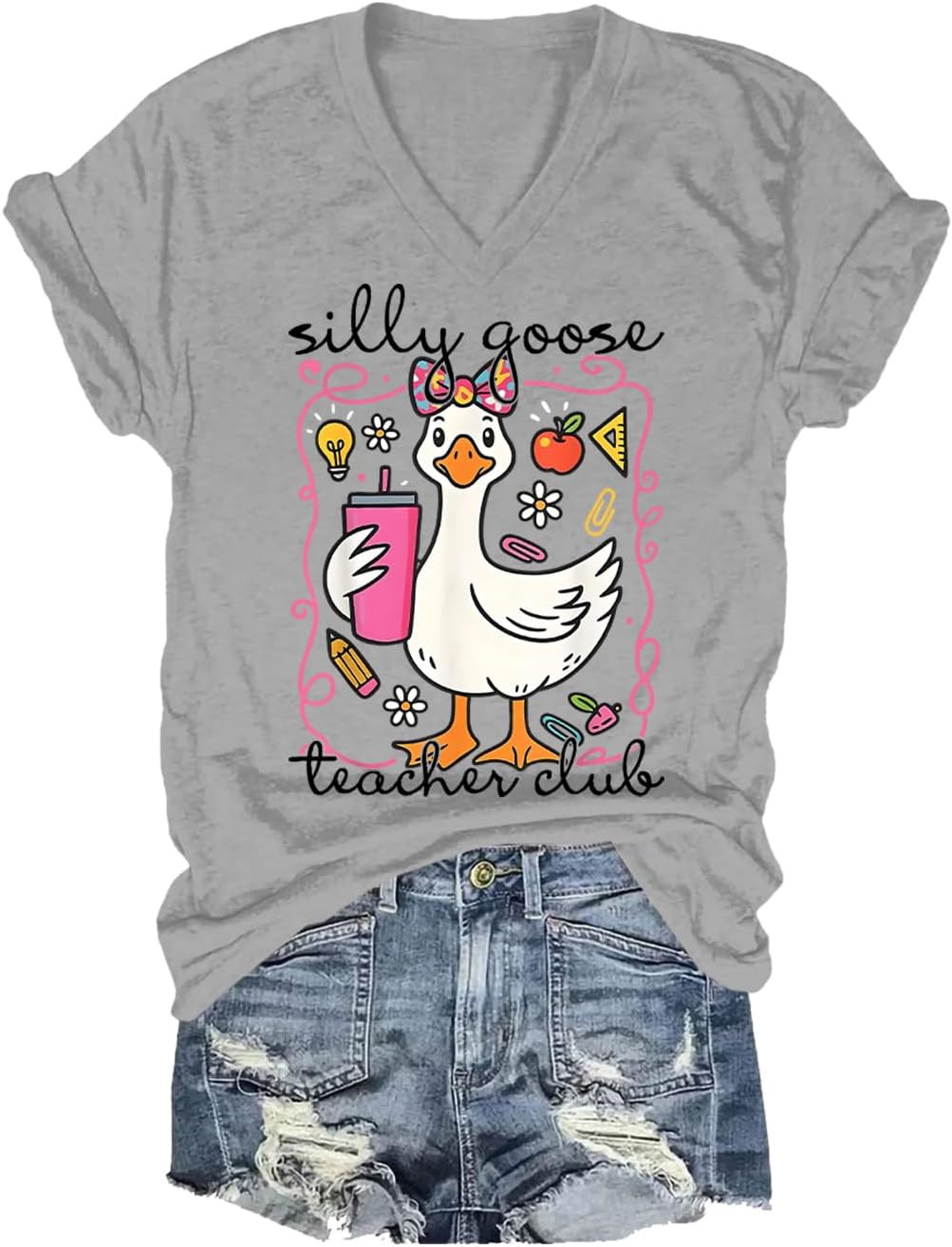 Silly Goose Teacher Club Shirt Men Women Short Sleeve V-Neck T-Shirt Tee - V-Neck Grey1