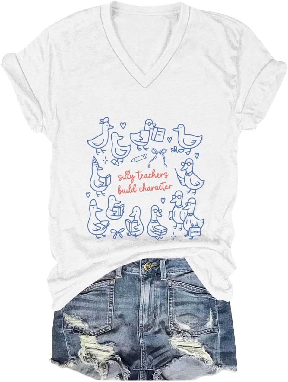 Silly Teachers Build Character Shirt Silly Teachers Build Character Tee Short Sleeve Shirt for Women and Men - V-Neck V-white
