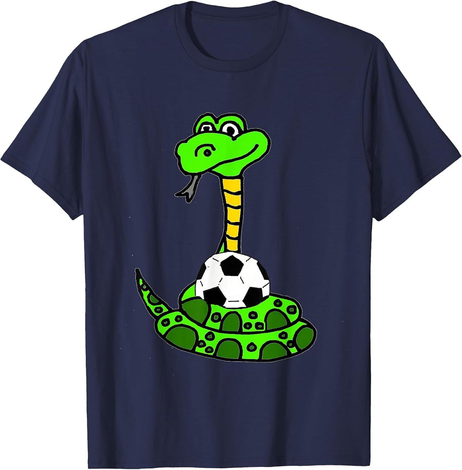 Smileteesfunnya Funny Green Python Snake and Soccer Ball T-Shirt - Navy Blue