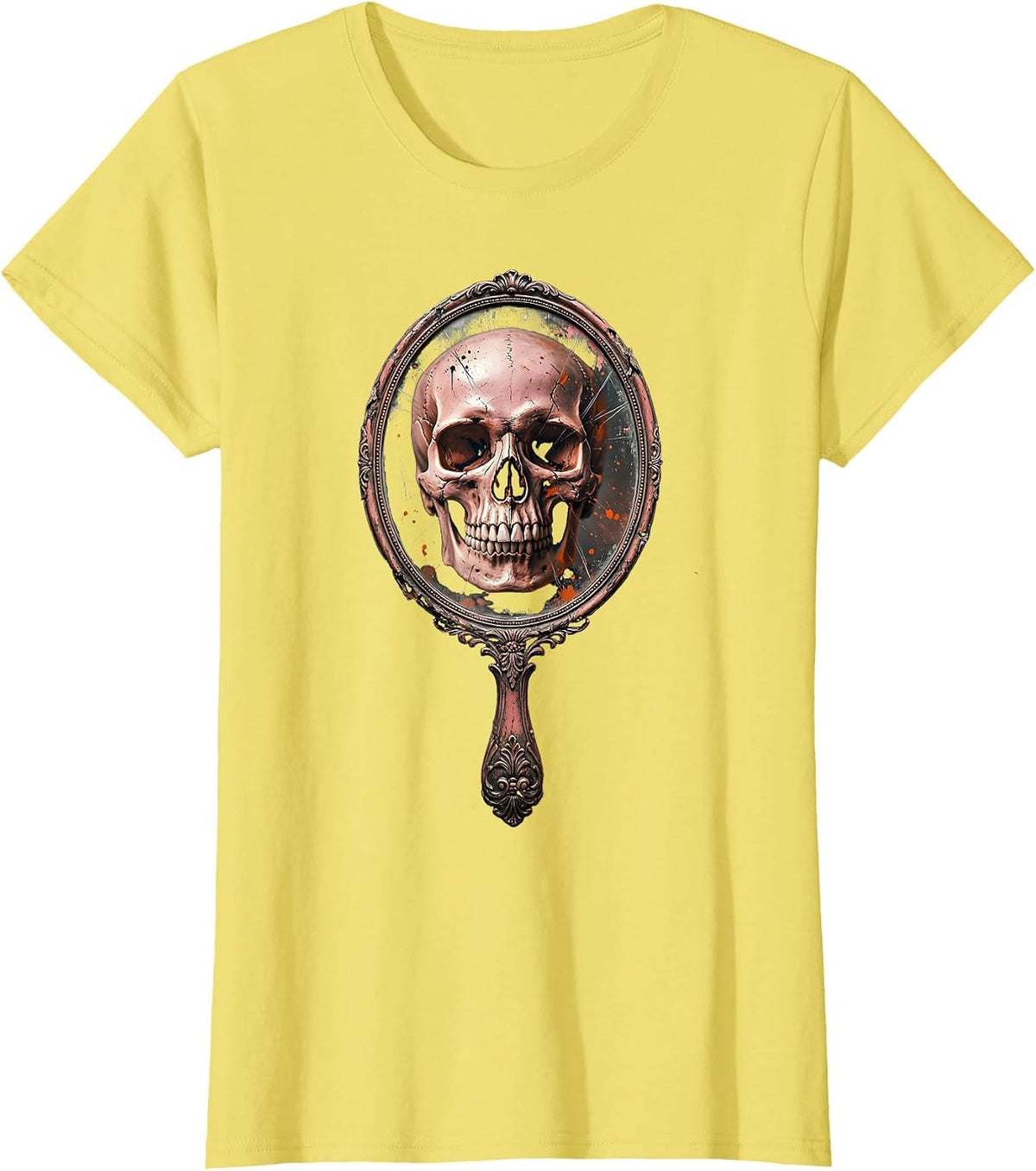 Skull Mirror Rock and Roll Gothic Vanity Design T-Shirt - Lemon Yellow