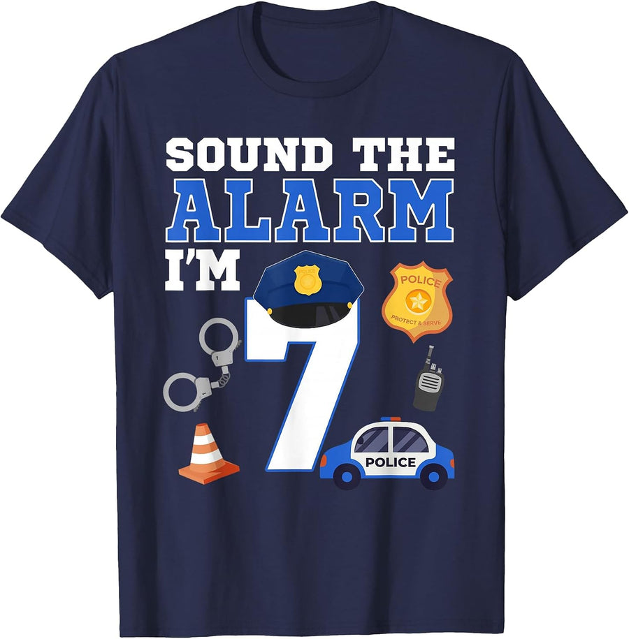 Sound The Alarm I'm 7 Year Old Police Theme Birthday 7th T-Shirt - Navy Blue