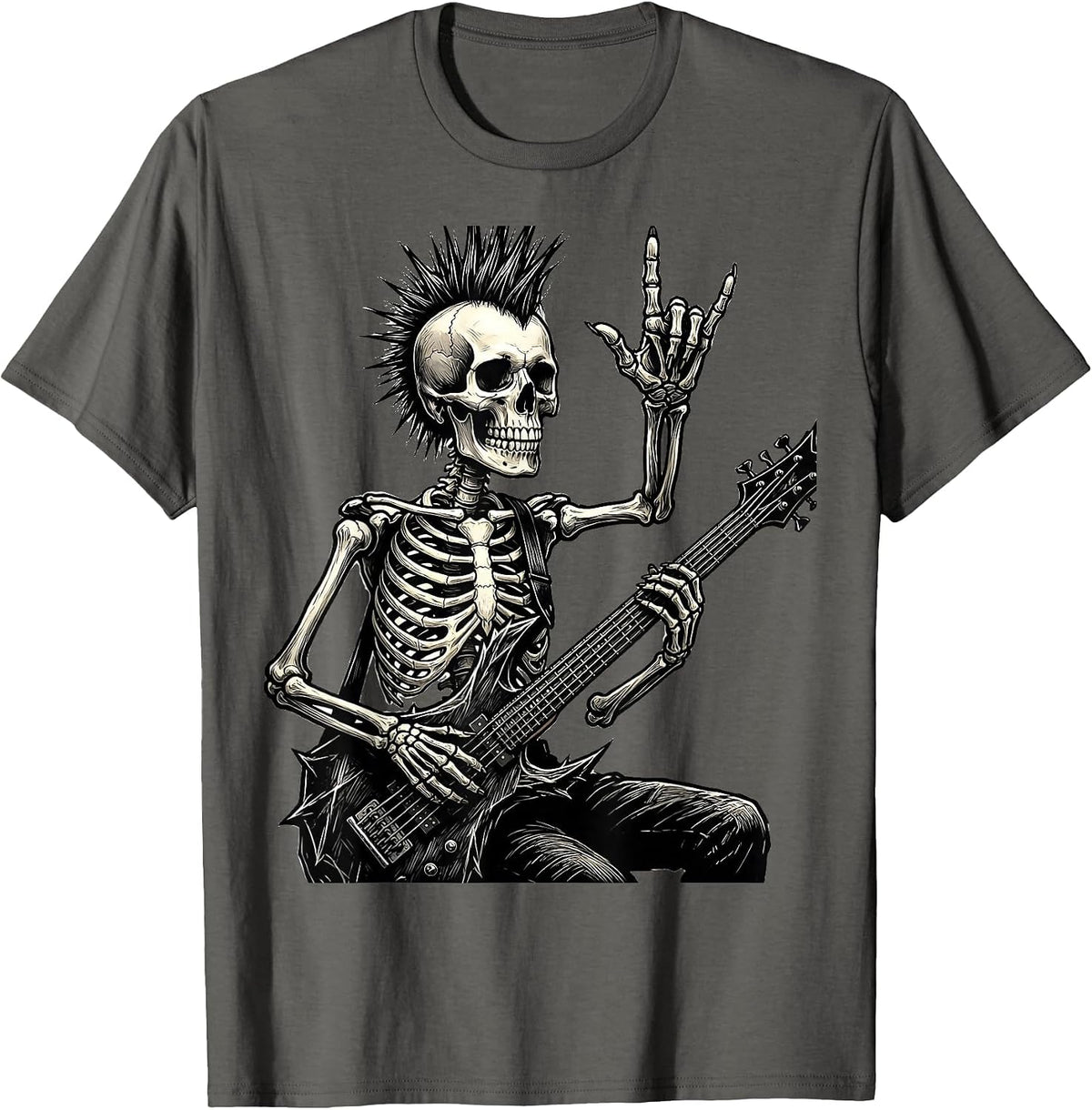 Skeleton Rocker Punk Skull Halloween Music Humor T-Shirt - Asphalt Grey