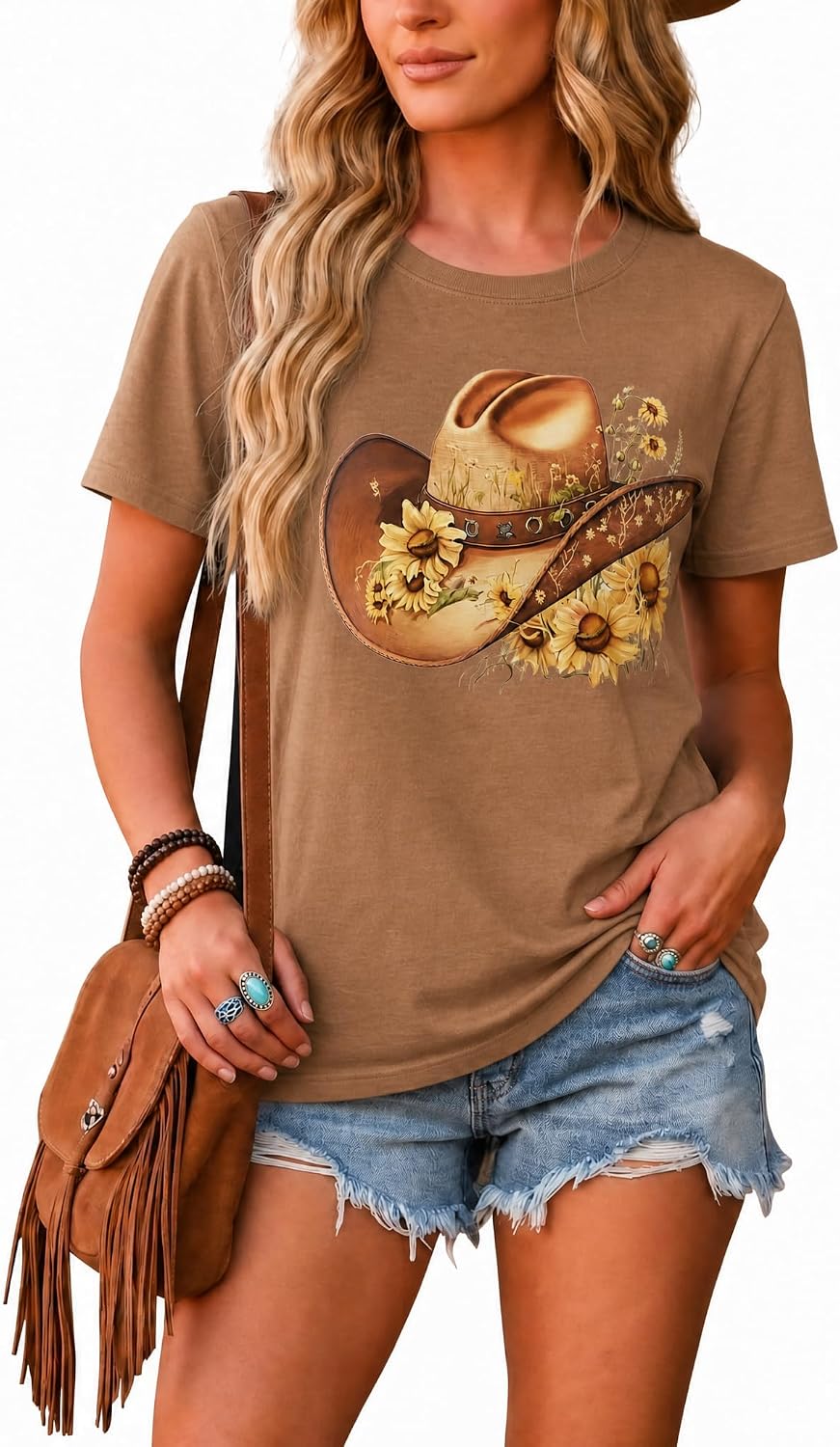 Country Music Women's Graphic Crewneck Short Sleeve Summer Tee - M7-brown