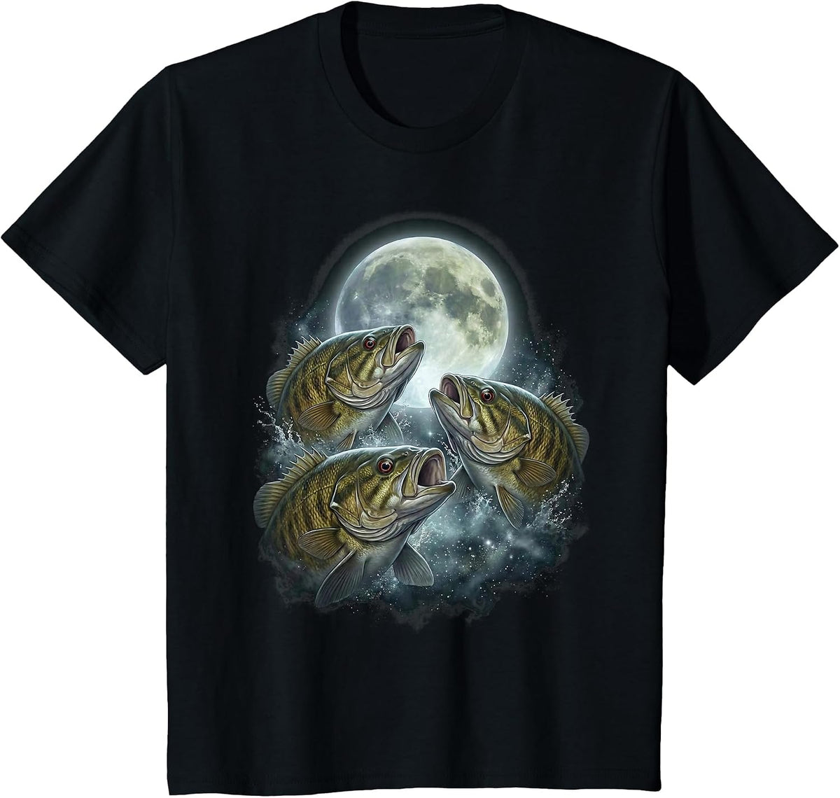 Smallmouth Bass Howling Moon Design Vintage Bass Fishing T-Shirt - Black
