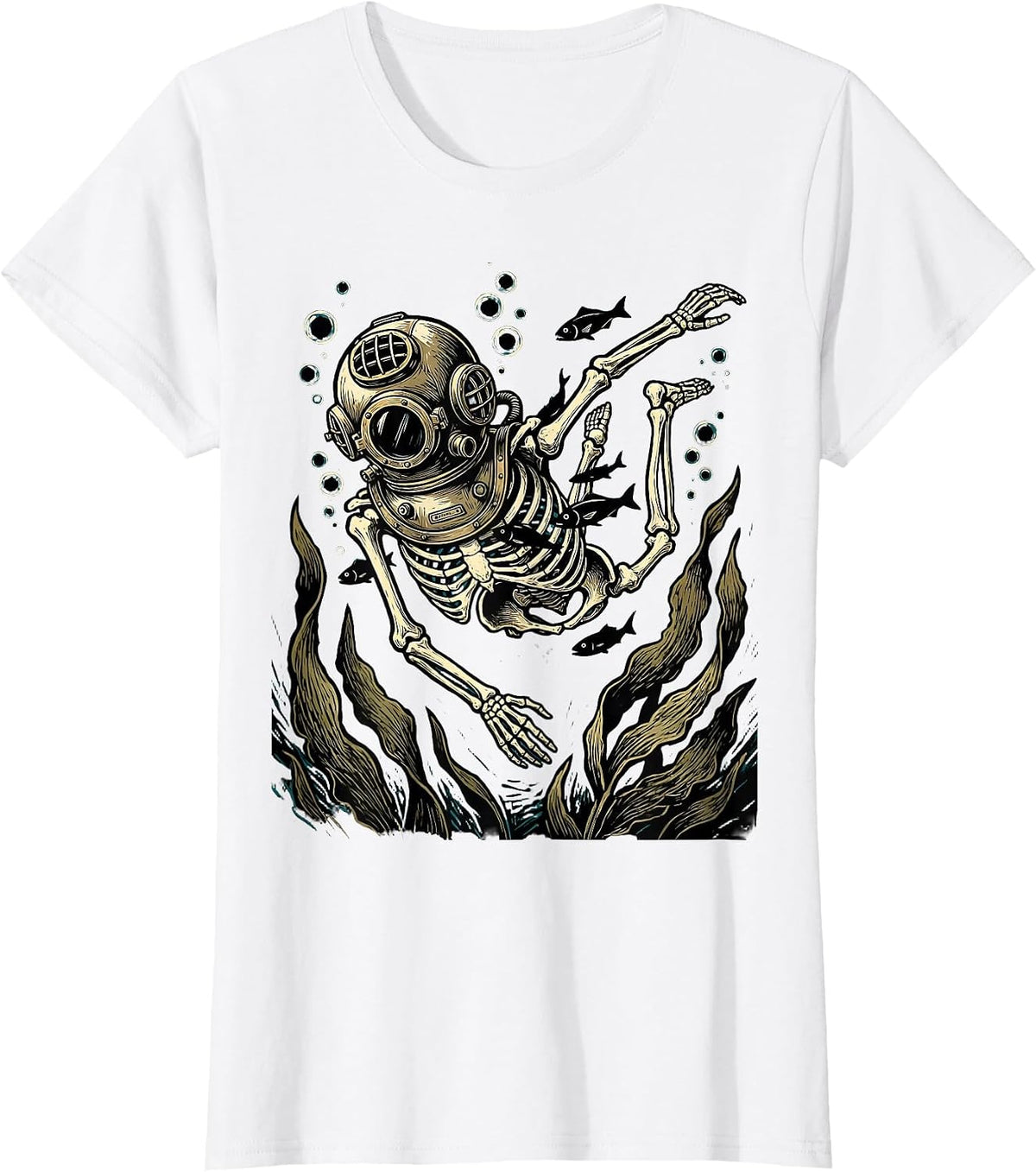 Skeleton Deep Sea Diver Underwater Ocean Graphic T-Shirt - White