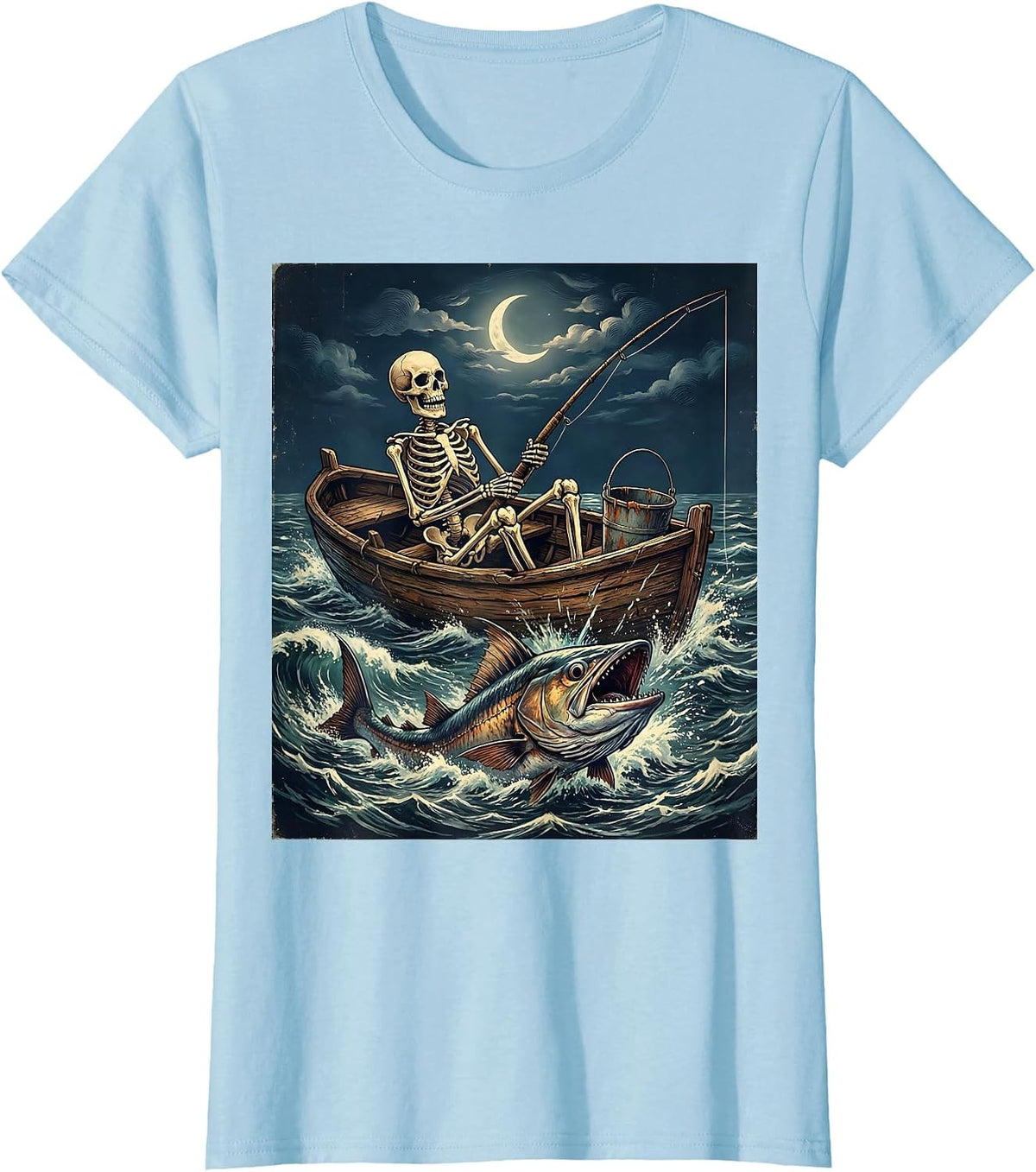 Skeleton Deep Sea Fishing Rowboat Graphic T-Shirt - Baby Blue