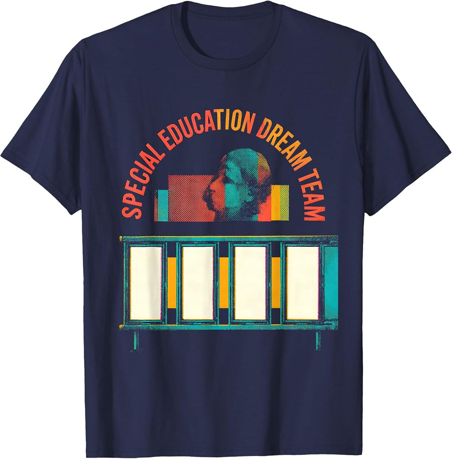 Special Education Dream Team Risograph Teacher Squad Pride T-Shirt - Navy Blue