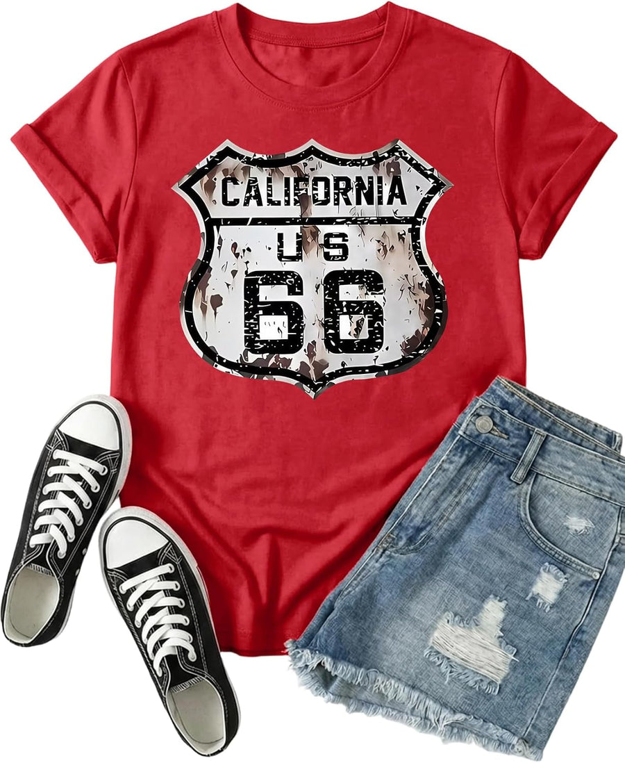 Graphic Route 66 T Shirt, Vintage Highway Sign Tee for Women Short Sleeve Crewneck Top - Red01