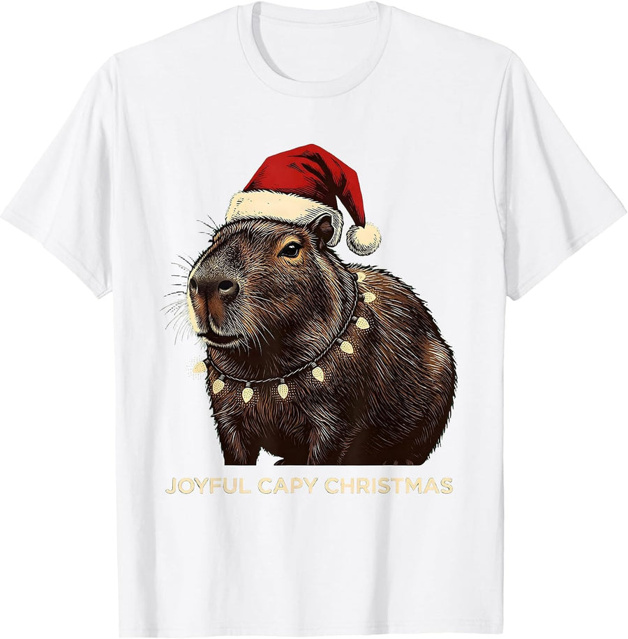 Men's Joyful Capy Christmas Linocut Cute Capybara Animal Lover T-Shirt - White
