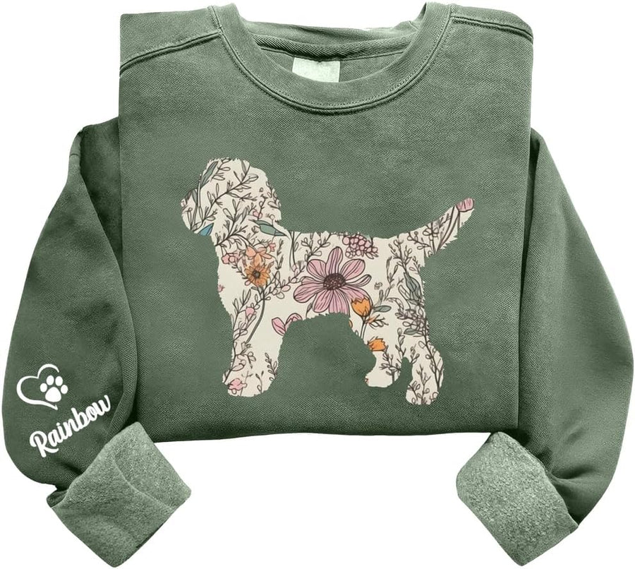 Personalized Floral Dogs Sweatshirt for Women, Custom Pet Name on Sleeve, Dog Lover Crewneck, Dog Mom Gift - Cockapoo