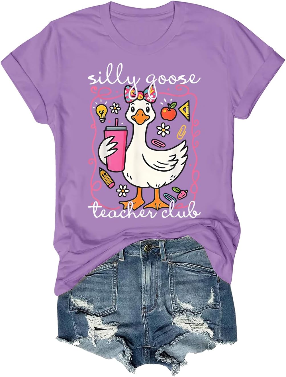 Silly Goose Teacher Club Shirt Men Women Short Sleeve V-Neck T-Shirt Tee - Crewneck Purple