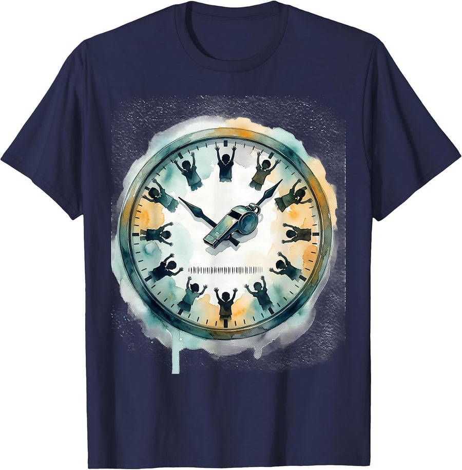 Soft Watercolor Gym Wall Clock PE Teacher Back To School T-Shirt - Navy Blue