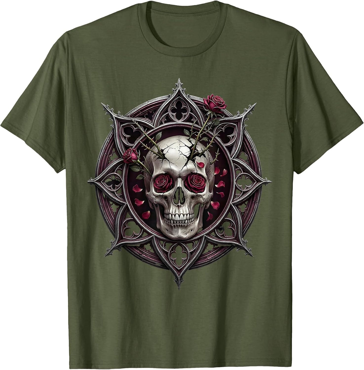 Skull and Roses Rock Graphic Tee T-Shirt - Olive Green