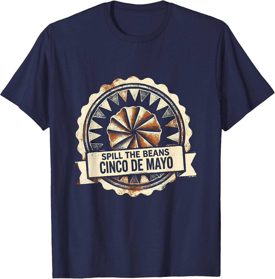 Spill the Beans, Cinco de Mayo Rubber Stamp Mexican Party T-Shirt - Navy Blue