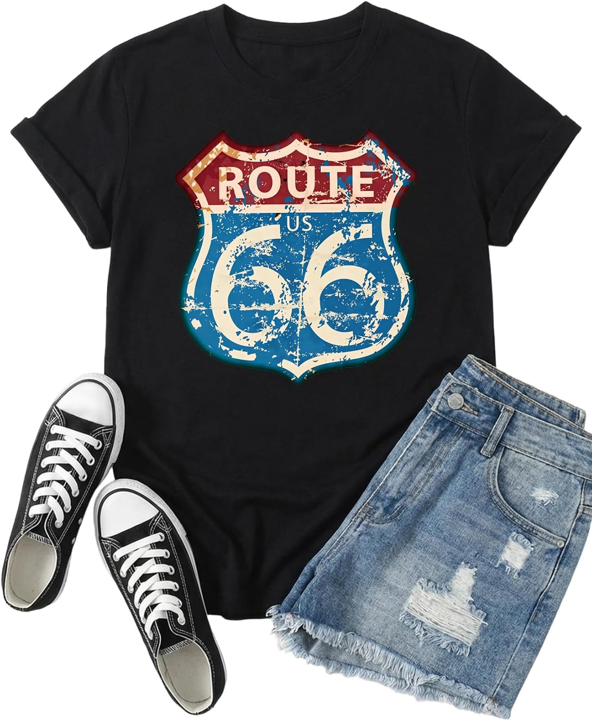 Graphic Route 66 T Shirt, Vintage Highway Sign Tee for Women Short Sleeve Crewneck Top - Black