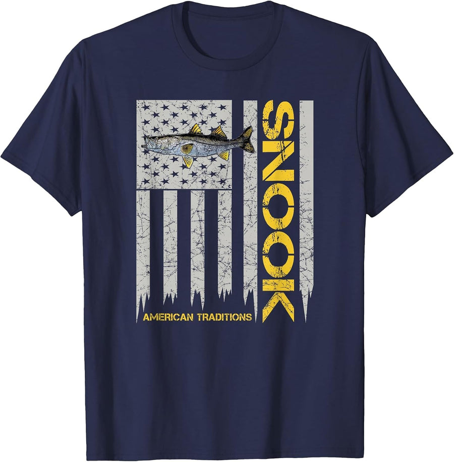 Snook Fisherman - Vintage Style American Flag Snook Art Fish T-Shirt - Navy Blue