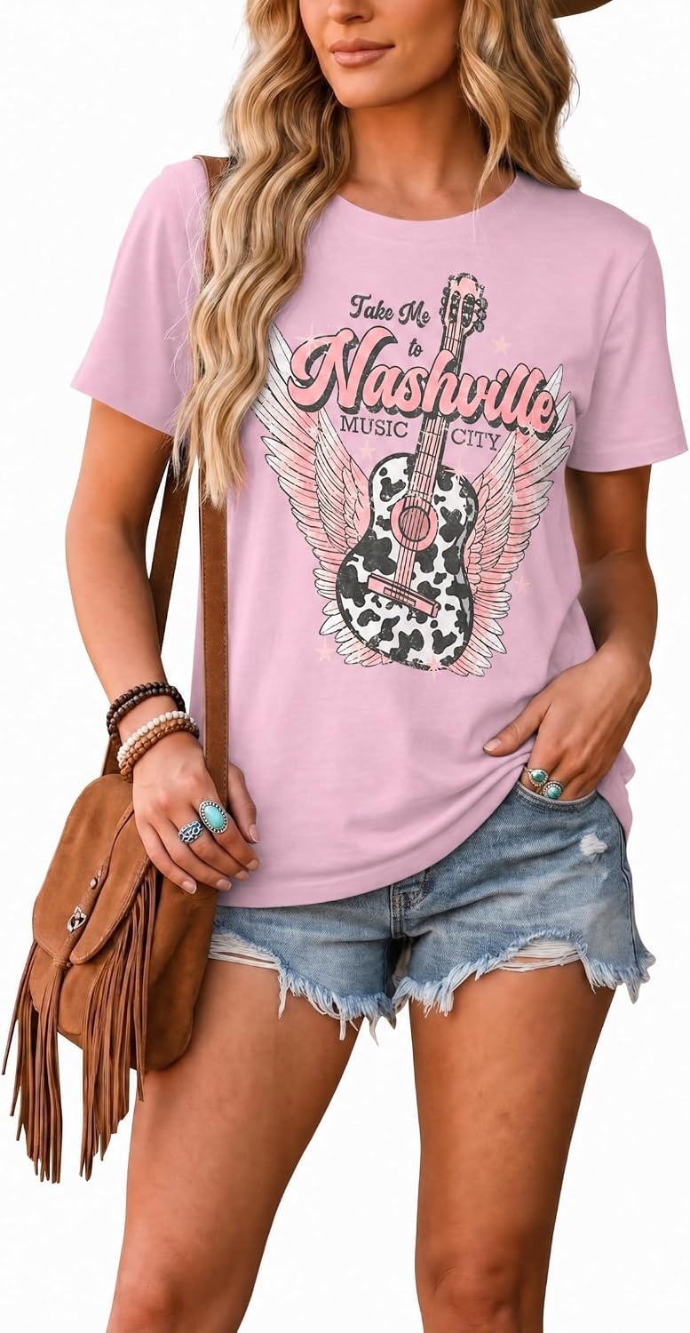 Country Music Women's Graphic Crewneck Short Sleeve Summer Tee - M9-pink