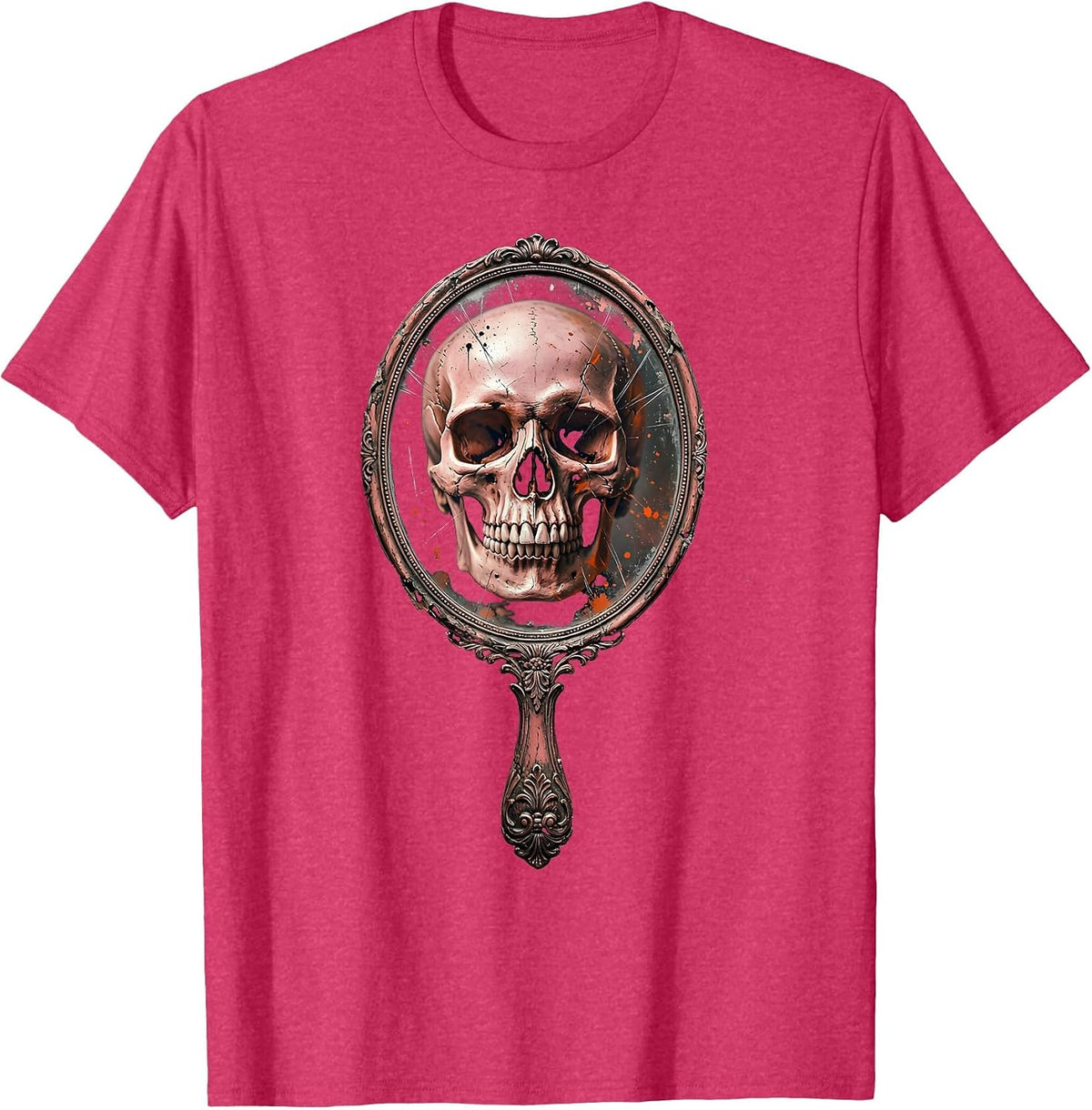 Skull Mirror Rock and Roll Gothic Vanity Design T-Shirt - Red Heather