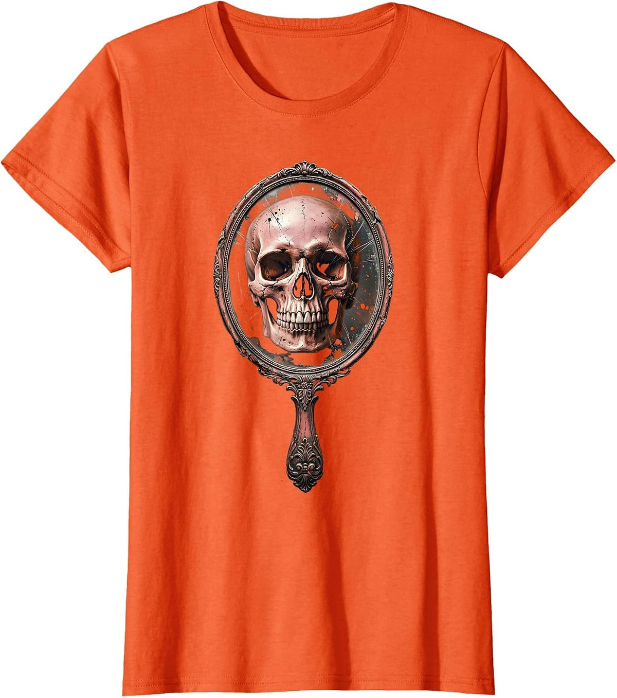 Skull Mirror Rock and Roll Gothic Vanity Design T-Shirt - Orange