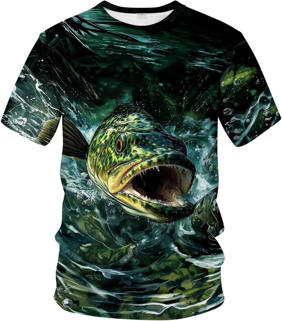 LAOLIUSN Funny Fishing Graphic T-Shirt Novelty Short Sleeve Crewneck Shirt - Dark Green