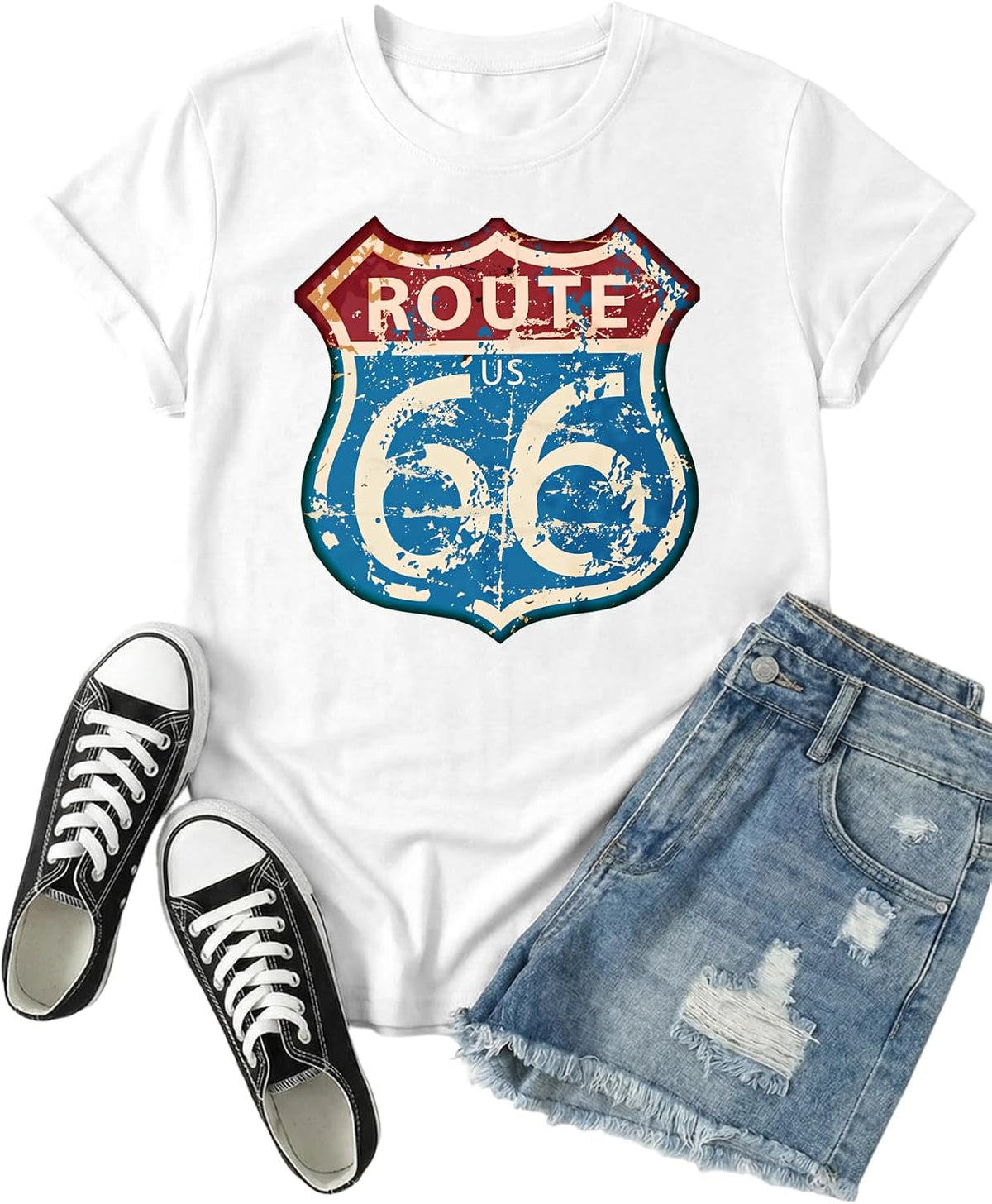 Graphic Route 66 T Shirt, Vintage Highway Sign Tee for Women Short Sleeve Crewneck Top - White