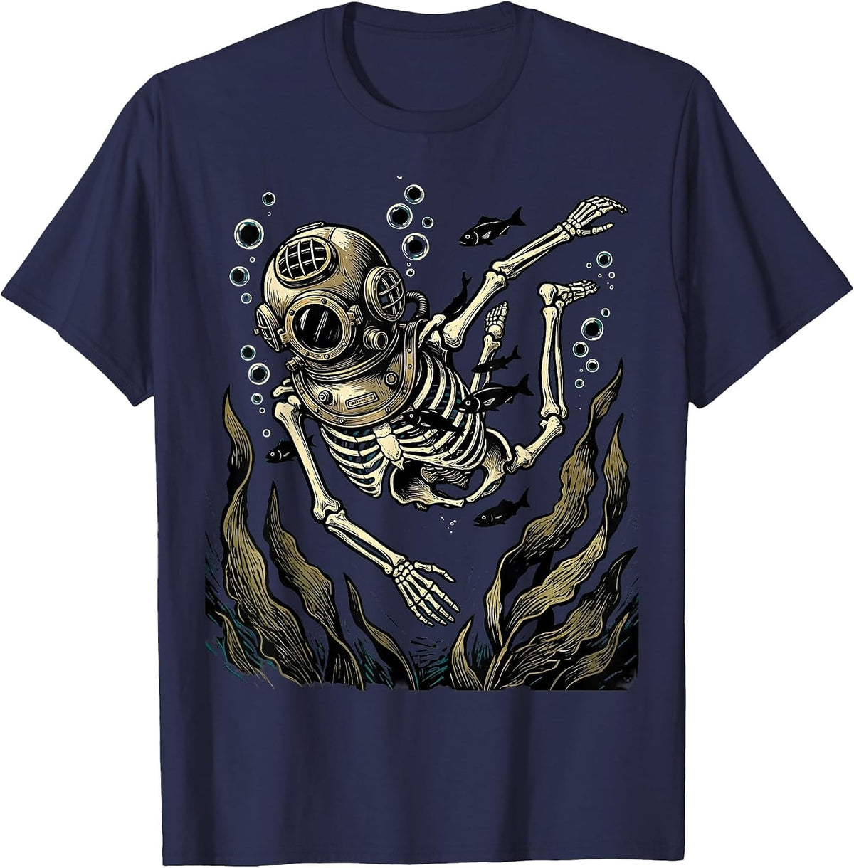 Skeleton Deep Sea Diver Underwater Ocean Graphic T-Shirt - Navy Blue