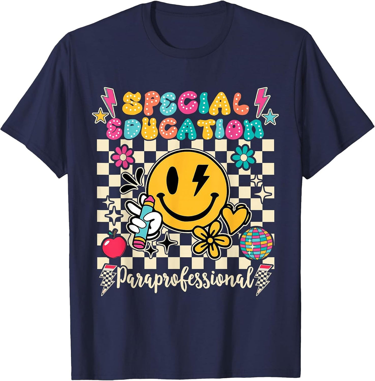 Special Education Paraprofessional Groovy Teacher T-Shirt - Navy Blue