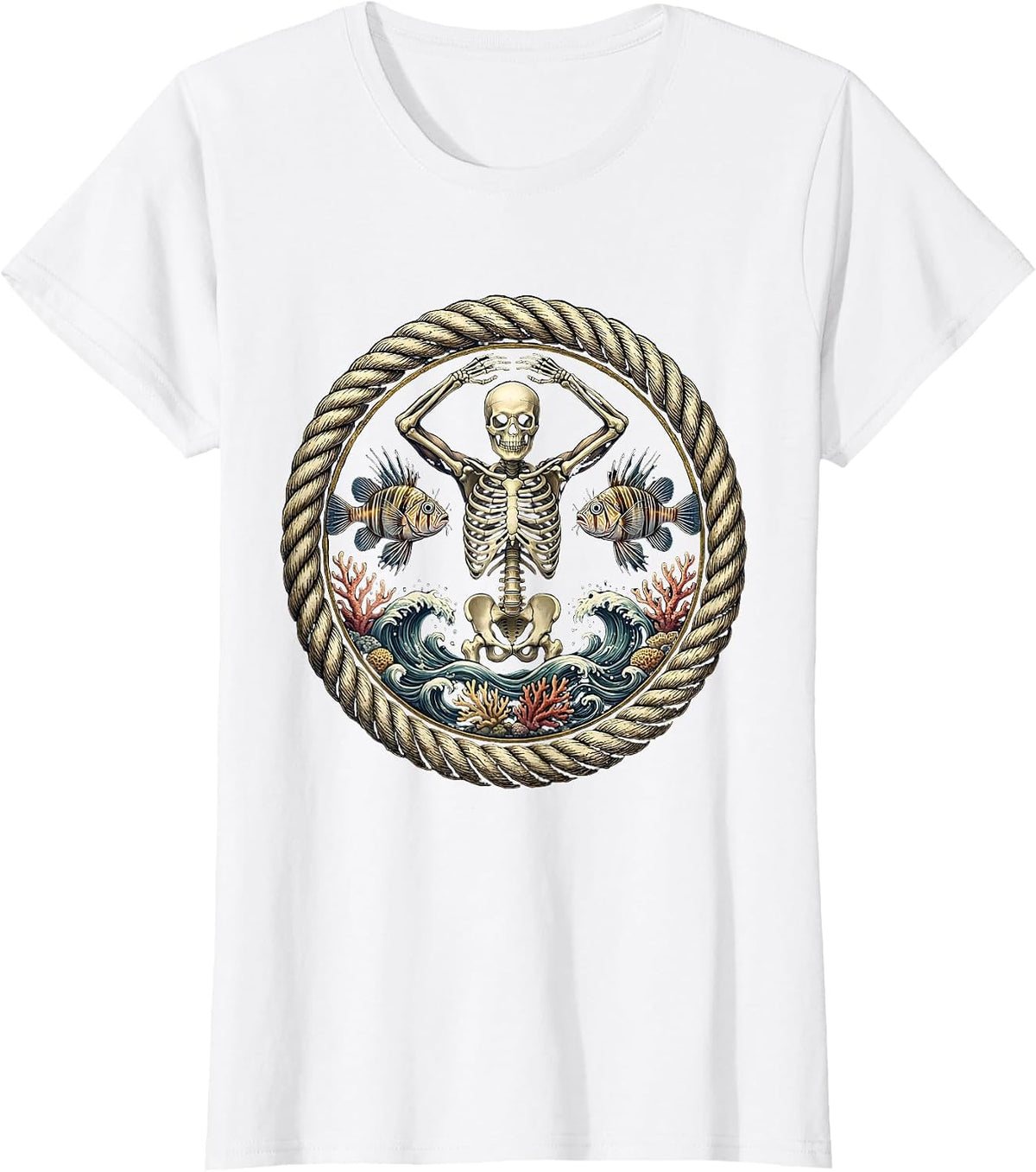 Skeleton Diver Deep Sea Fish Illustration T-Shirt - White