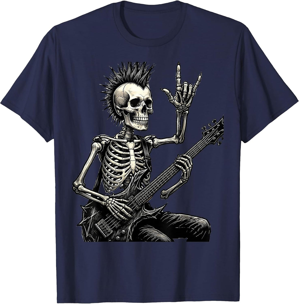 Skeleton Rocker Punk Skull Halloween Music Humor T-Shirt - Navy Blue