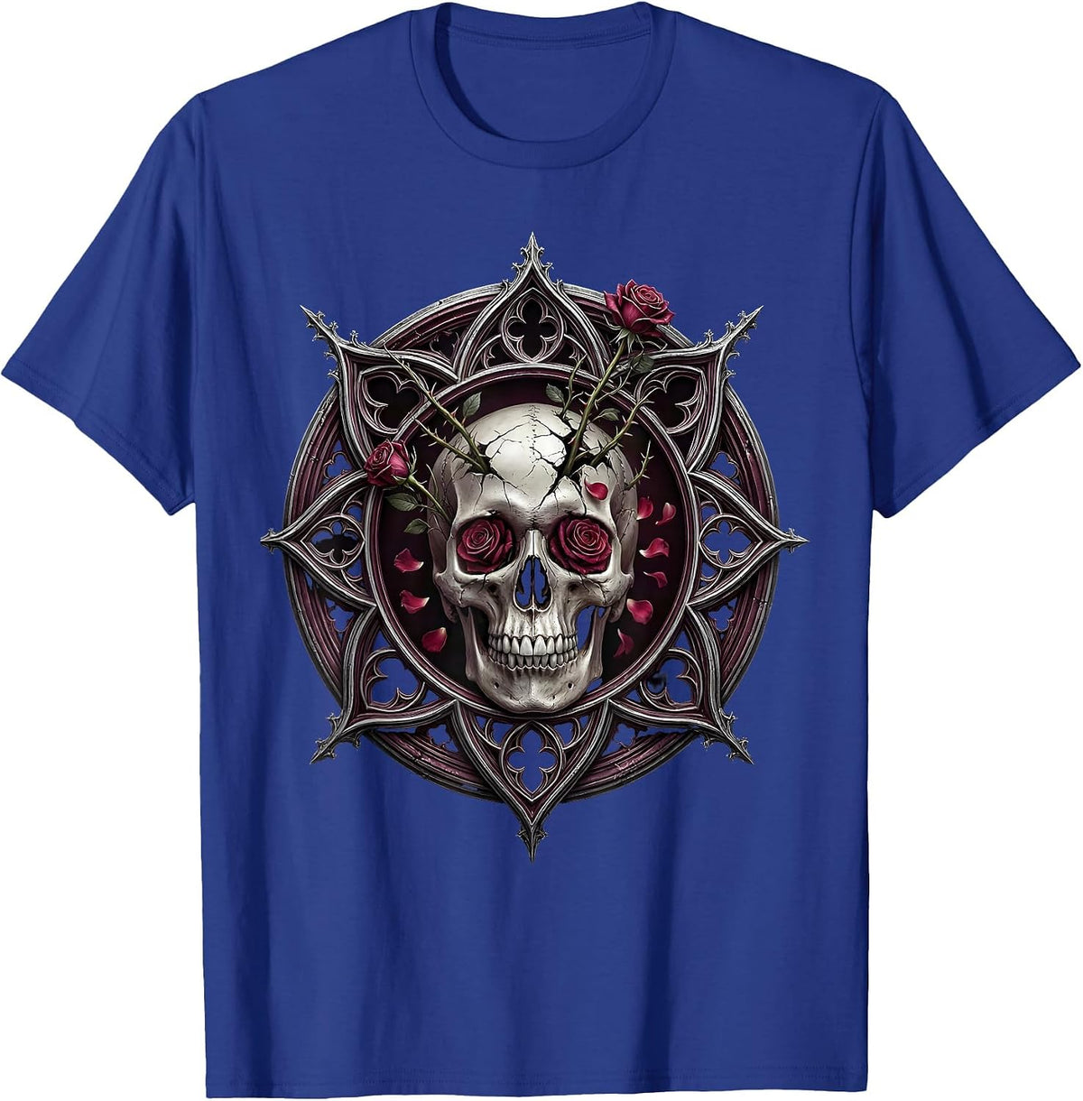 Skull and Roses Rock Graphic Tee T-Shirt - Royal Blue