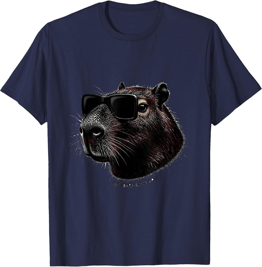Capybara Stays Cool Blackwork Dotwork Animal Lover Humor T-Shirt - Navy Blue