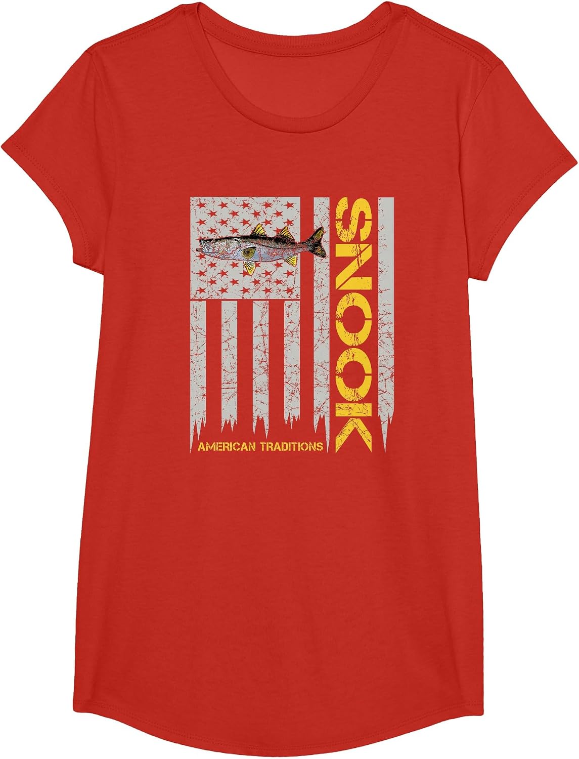 Snook Fisherman - Vintage Style American Flag Snook Art Fish T-Shirt - Girls Red