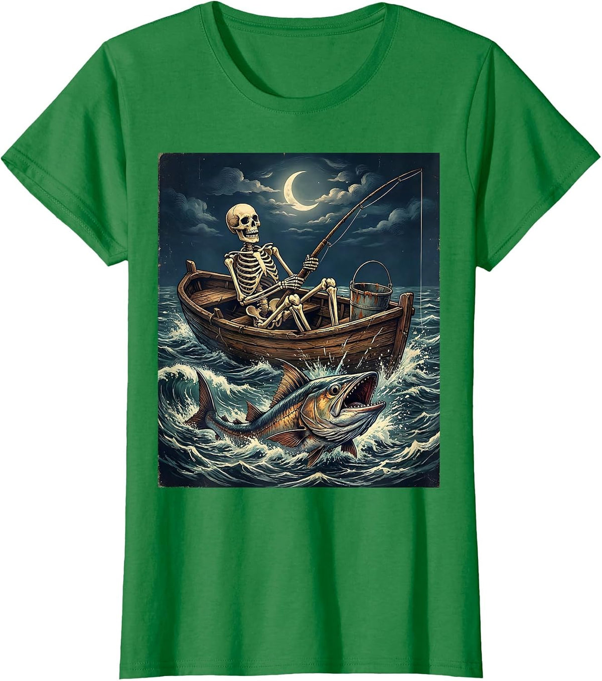 Skeleton Deep Sea Fishing Rowboat Graphic T-Shirt - Kelly Green