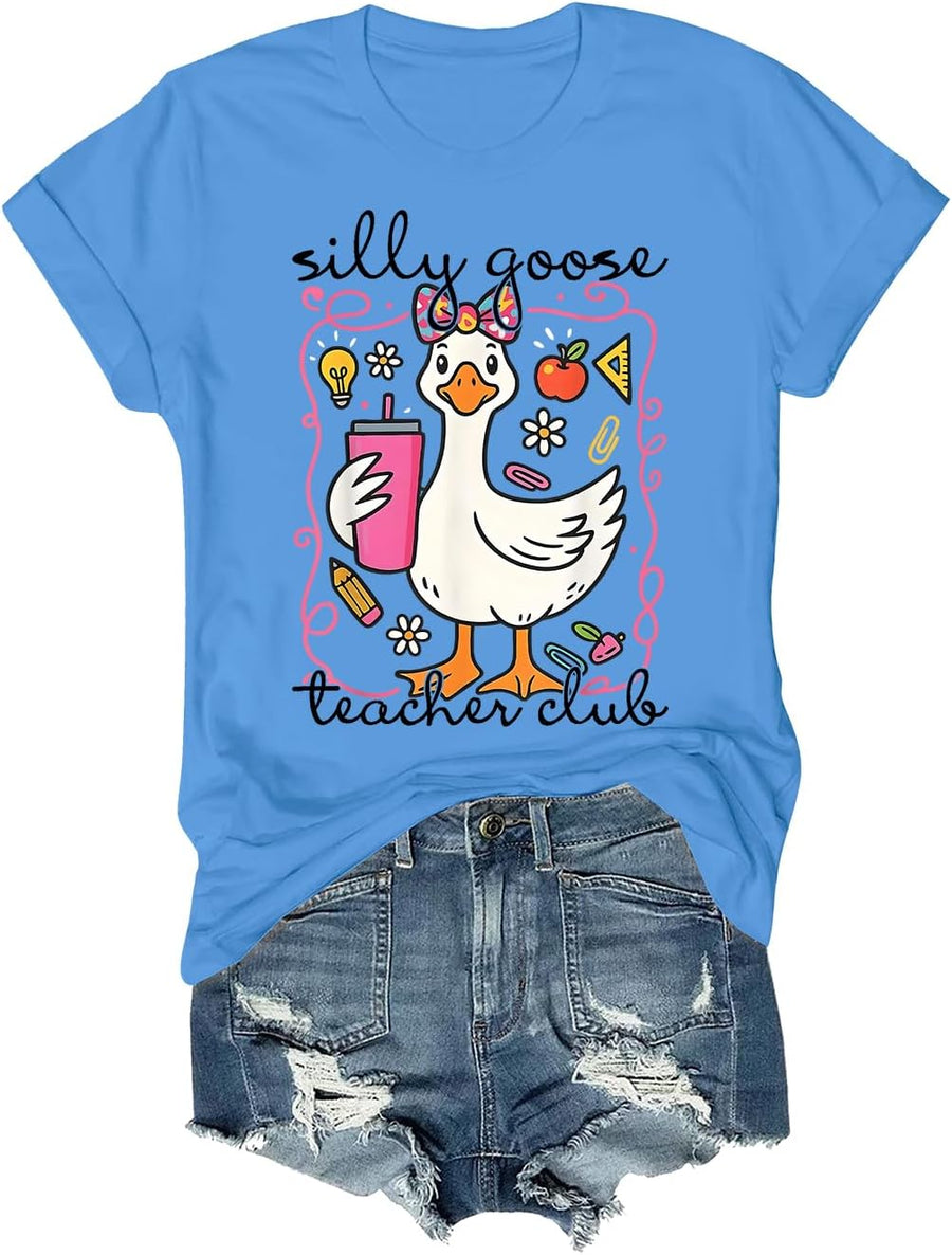 Silly Goose Teacher Club Shirt Men Women Short Sleeve V-Neck T-Shirt Tee - Crewneck Carolina Blue