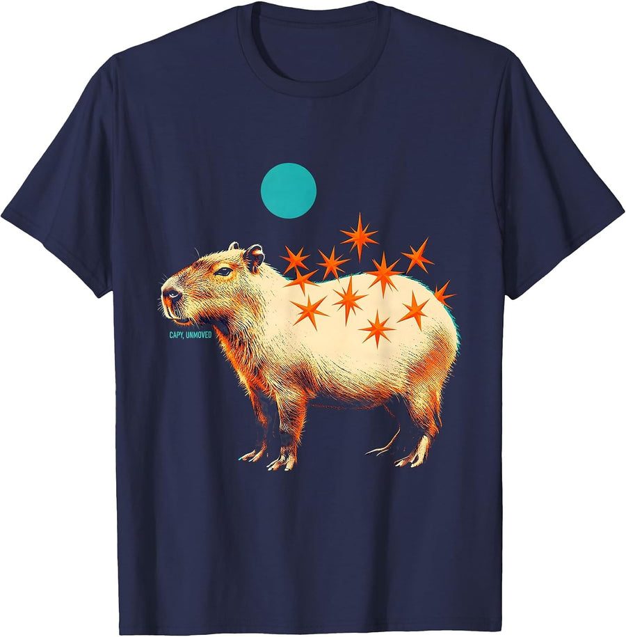 Capy Unmoved Risograph Funny Capybara Animal Meme Gamer T-Shirt - Navy Blue
