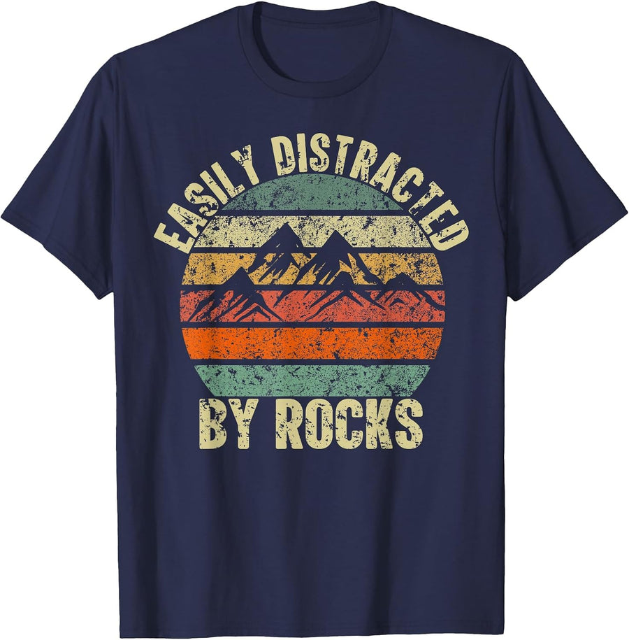 Slightly Distracted by Rocks Collector Lover Geologist Vintage T-Shirt - Navy Blue
