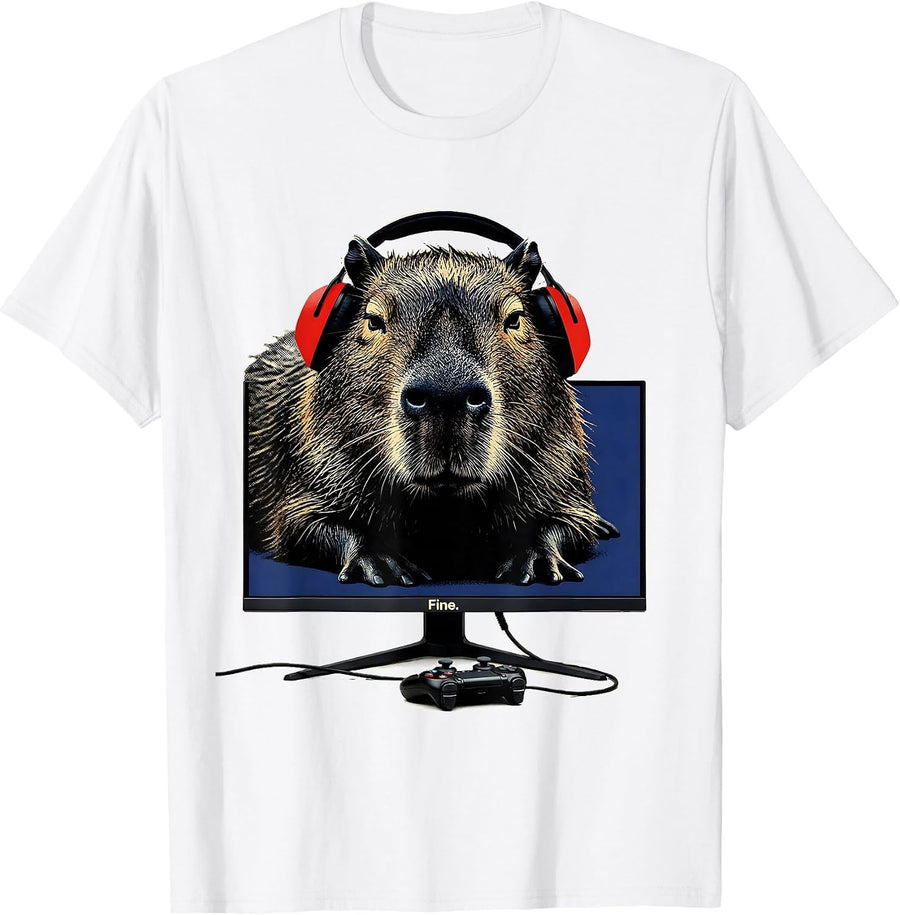 Men's Fine Funny Capybara Gamer Meme Humor Kids Teen T-Shirt - White