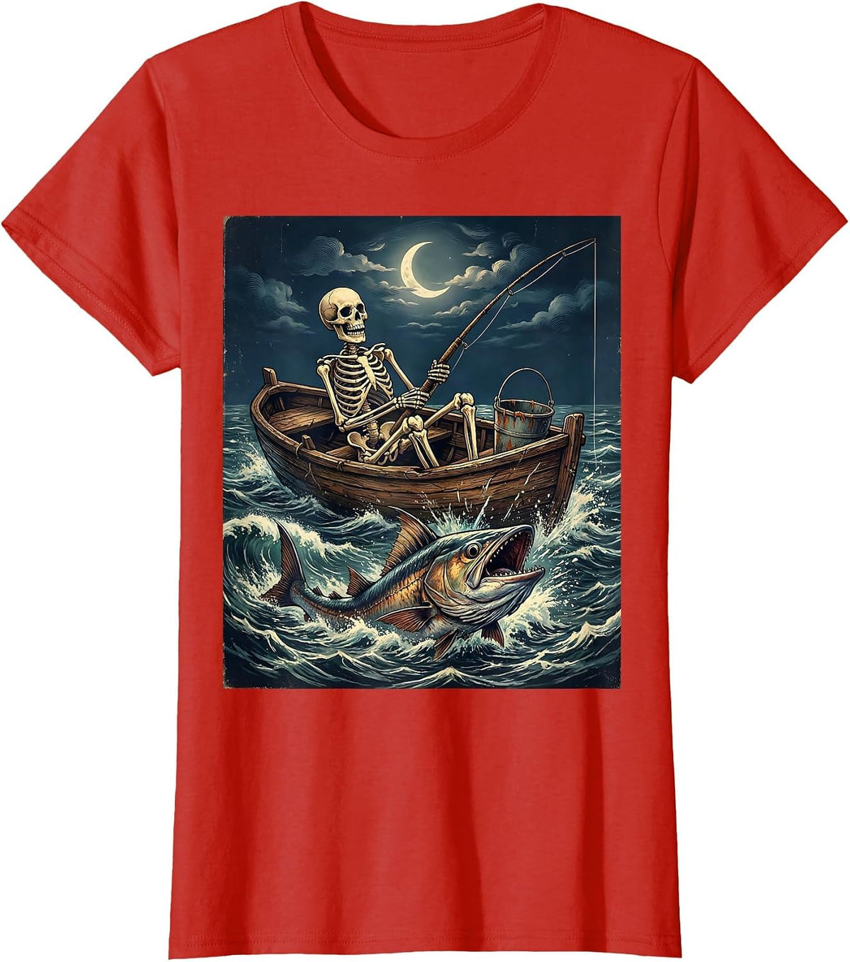 Skeleton Deep Sea Fishing Rowboat Graphic T-Shirt - Red