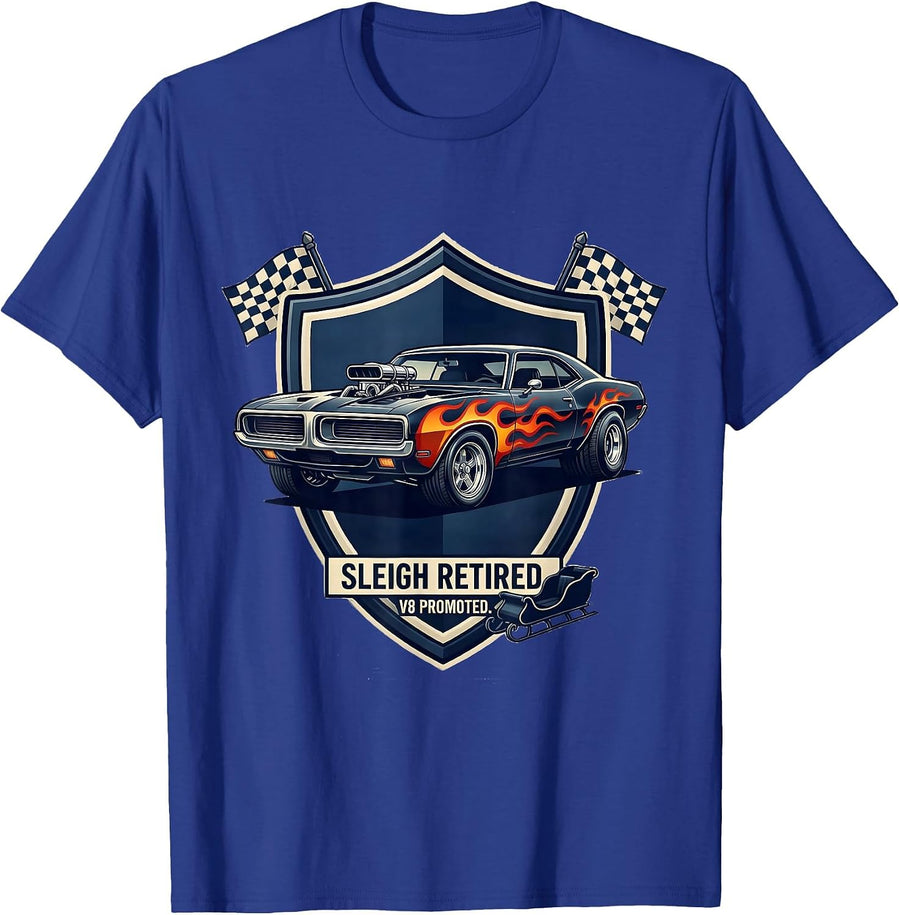 Sleigh Retired V8 Promoted Muscle Car Hot Rod Christmas T-Shirt - Royal Blue