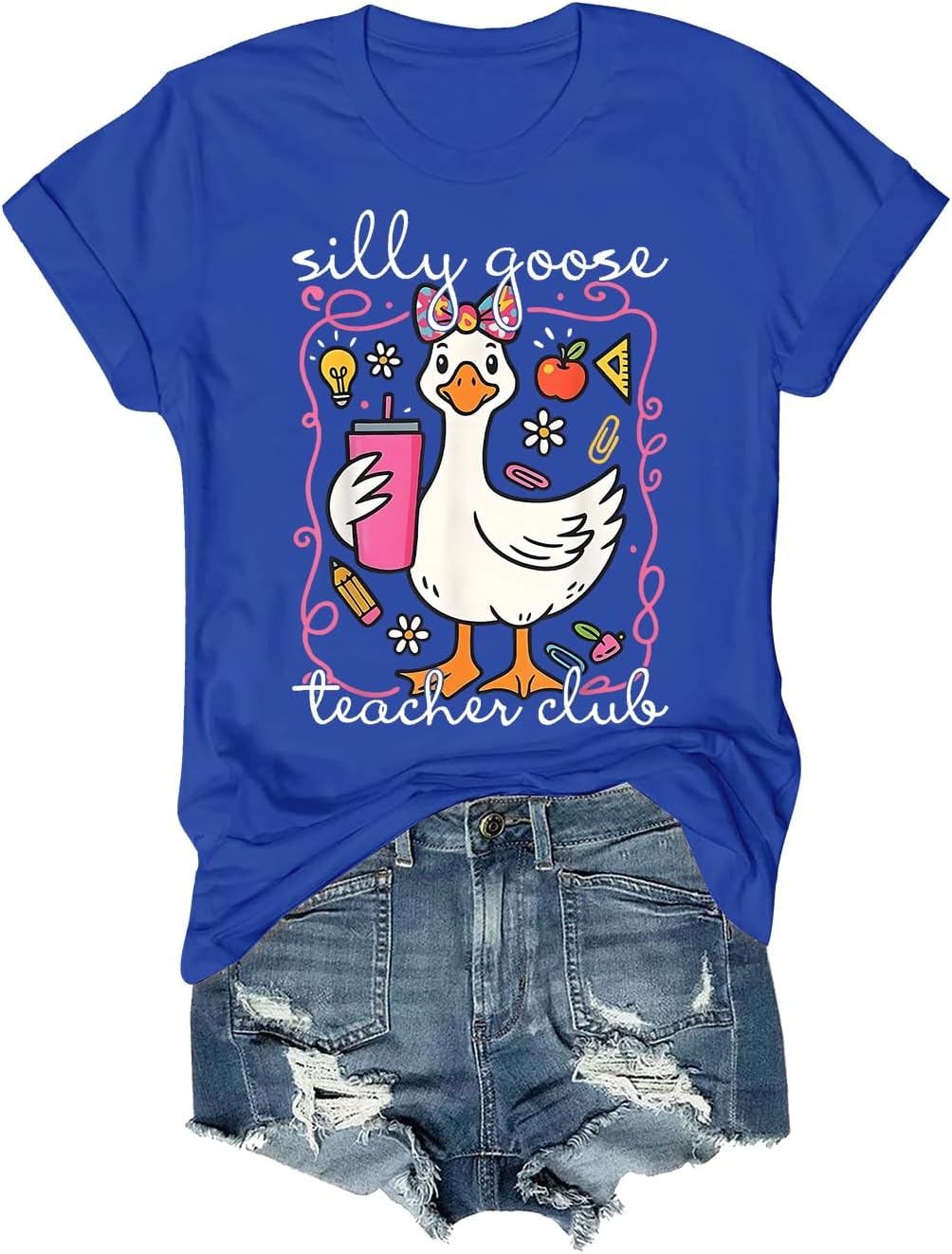 Silly Goose Teacher Club Shirt Men Women Short Sleeve V-Neck T-Shirt Tee - Crewneck Sapphire Blue