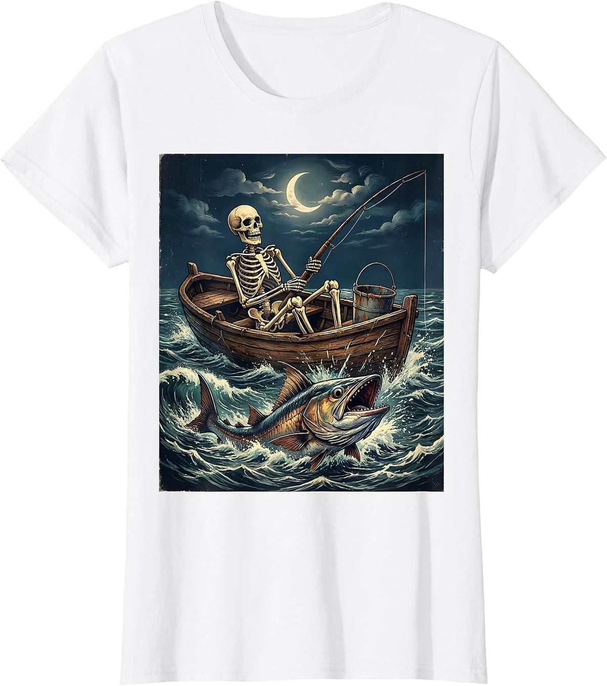 Skeleton Deep Sea Fishing Rowboat Graphic T-Shirt - White