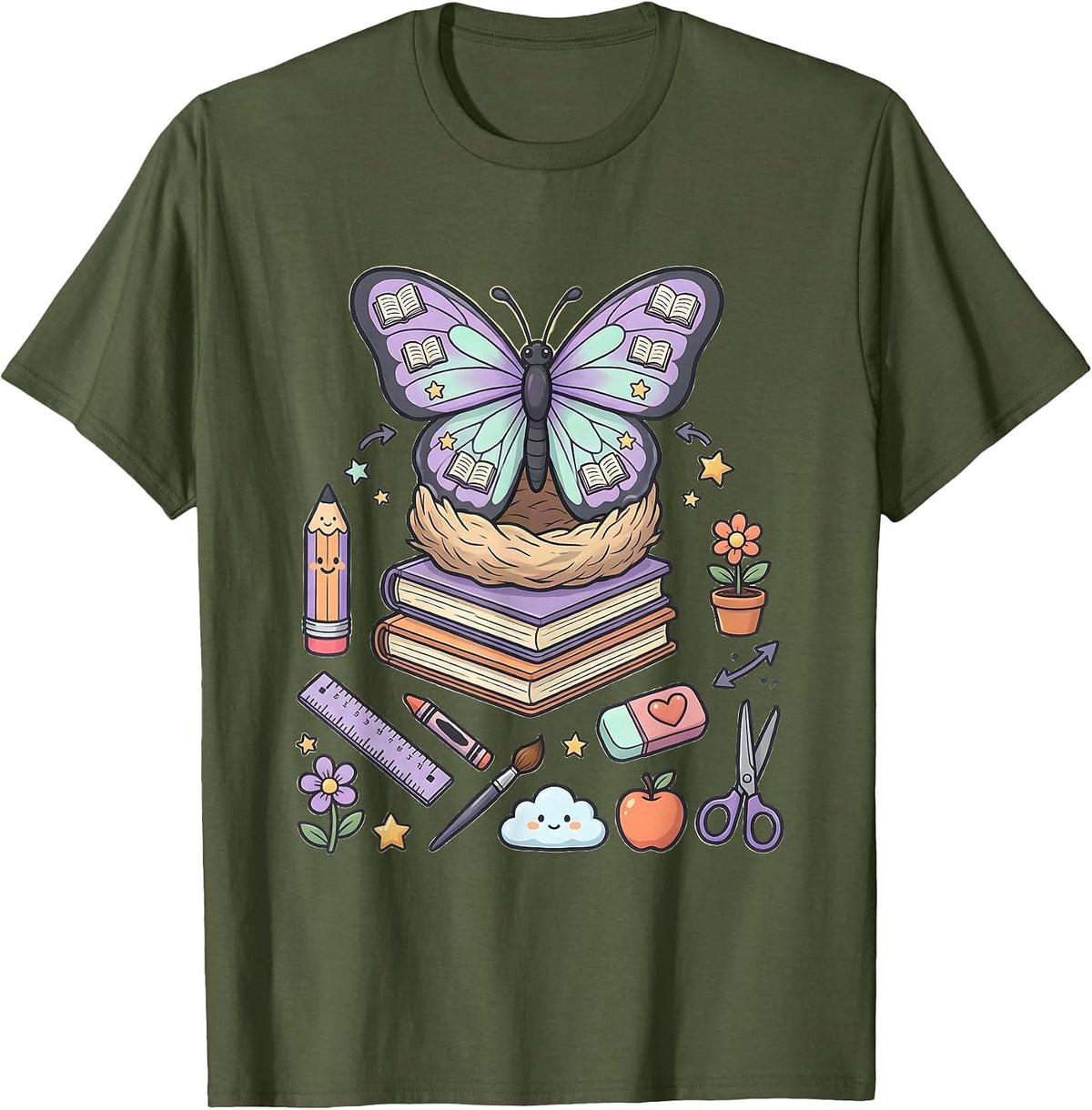 Special Education Teacher Butterfly Cocoon Books T-Shirt - Olive Green