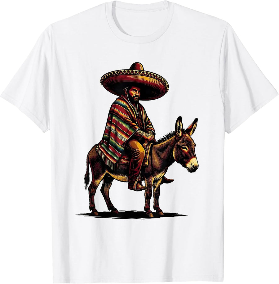 Men's Mexican Sombrero Rider Burro Illustration T-Shirt - White