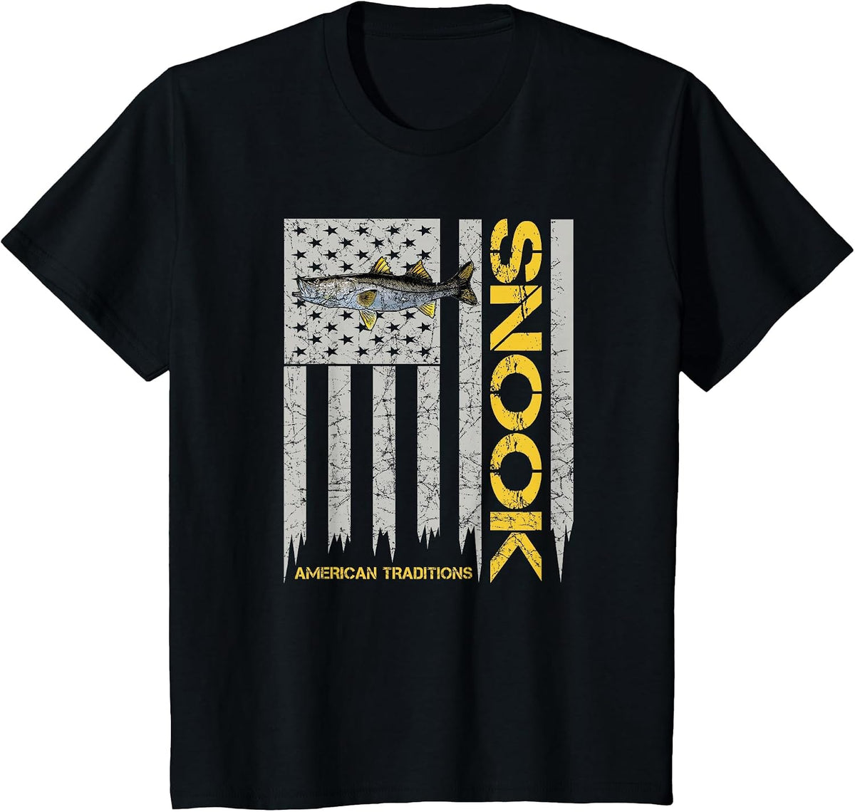 Snook Fisherman - Vintage Style American Flag Snook Art Fish T-Shirt - Black