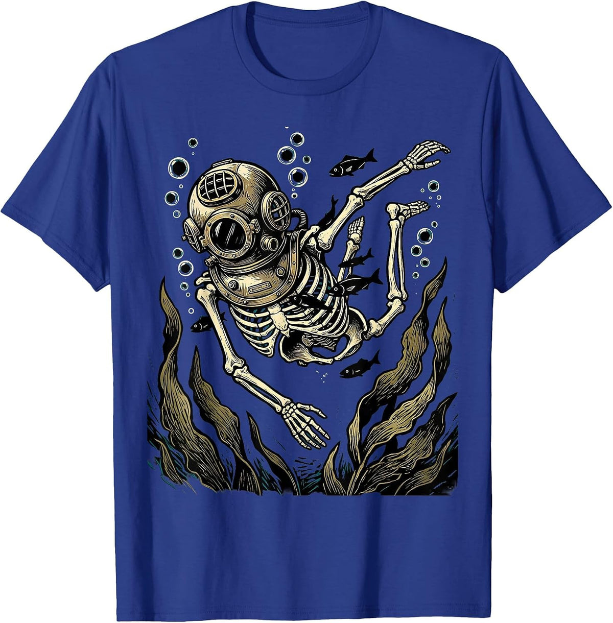Skeleton Deep Sea Diver Underwater Ocean Graphic T-Shirt - Royal Blue