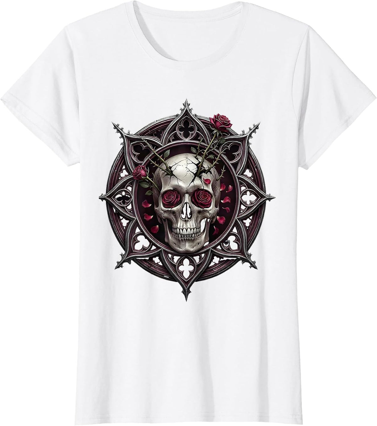 Skull and Roses Rock Graphic Tee T-Shirt - White