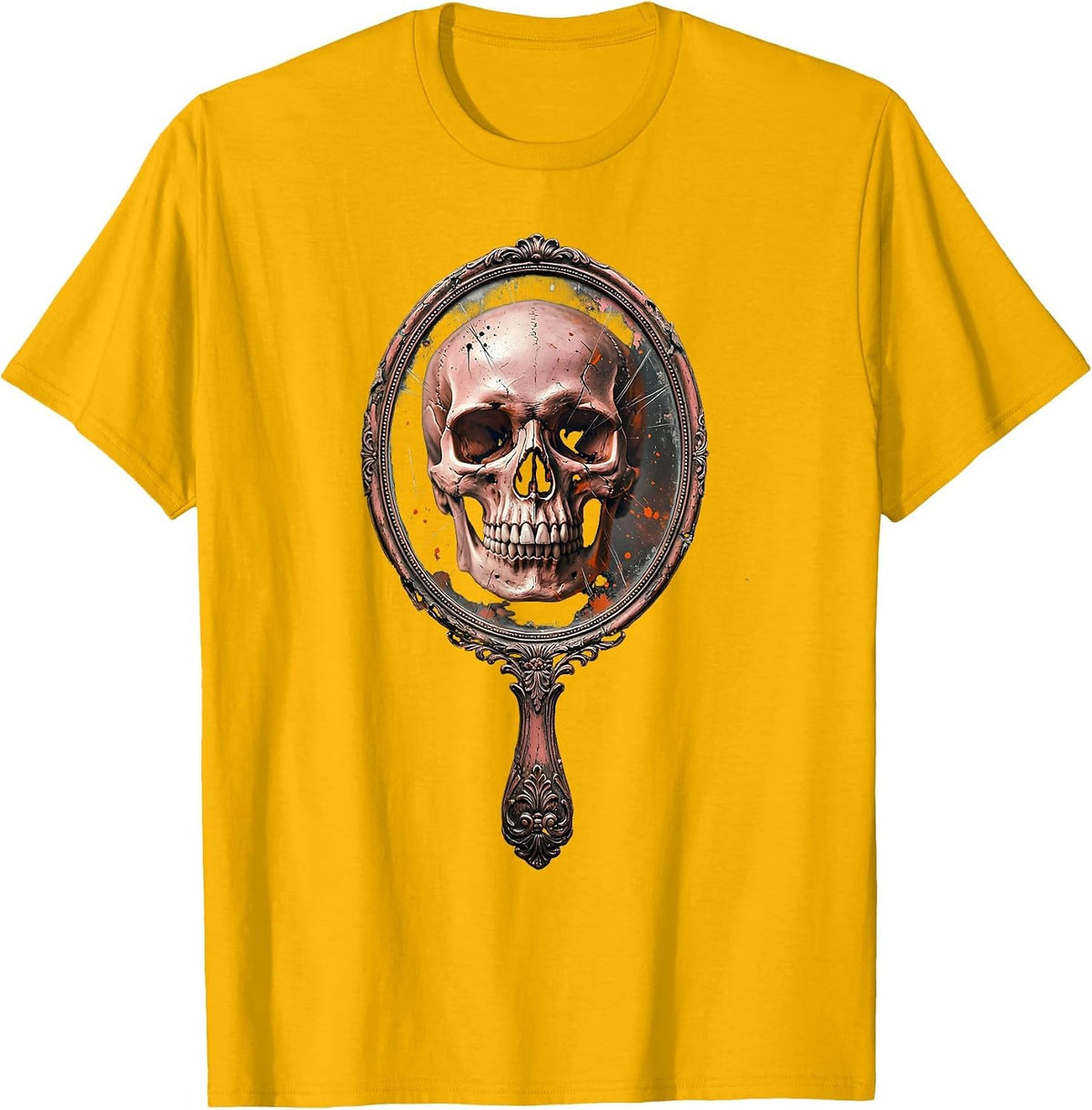Skull Mirror Rock and Roll Gothic Vanity Design T-Shirt - Golden Yellow